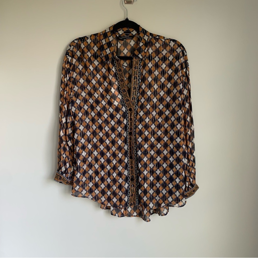 NWT Zara Woman Premium Denim Collection Geometric Print Metallic Blouse